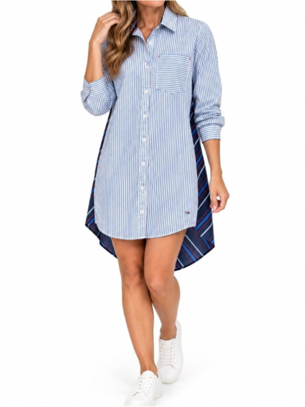 TOMMY HILFIGER Mixed Media Button Front Shirt Dress Blue White Small Preppy Cute